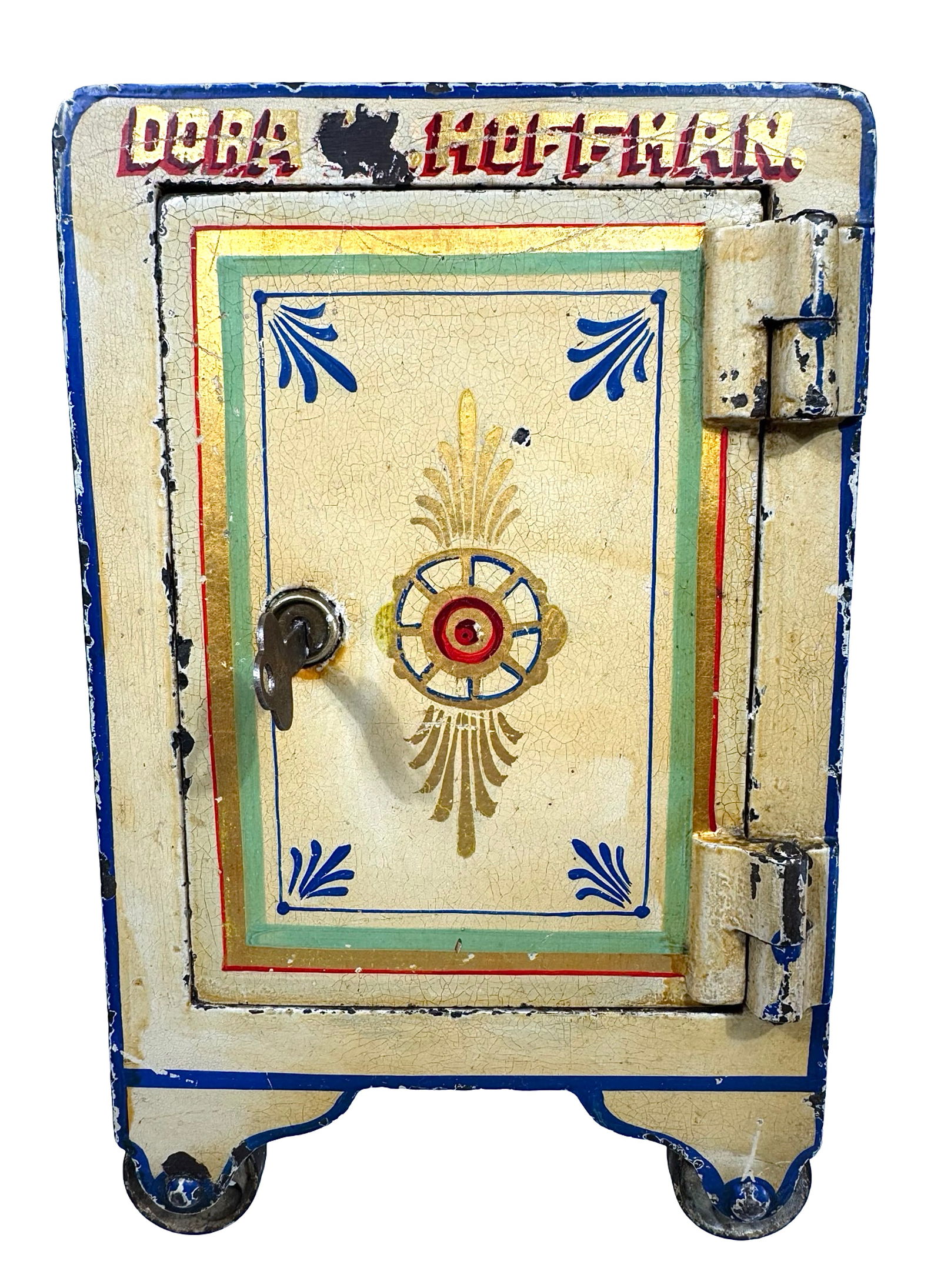 Cast Iron Home Safe: Made for Dora Hoffman. Unknown American Maker. Produced & Sold Circa 1890. Retains Original Key for the Door. This diminutive safe bank is masterfully detailed. It has significant weight to it, even t