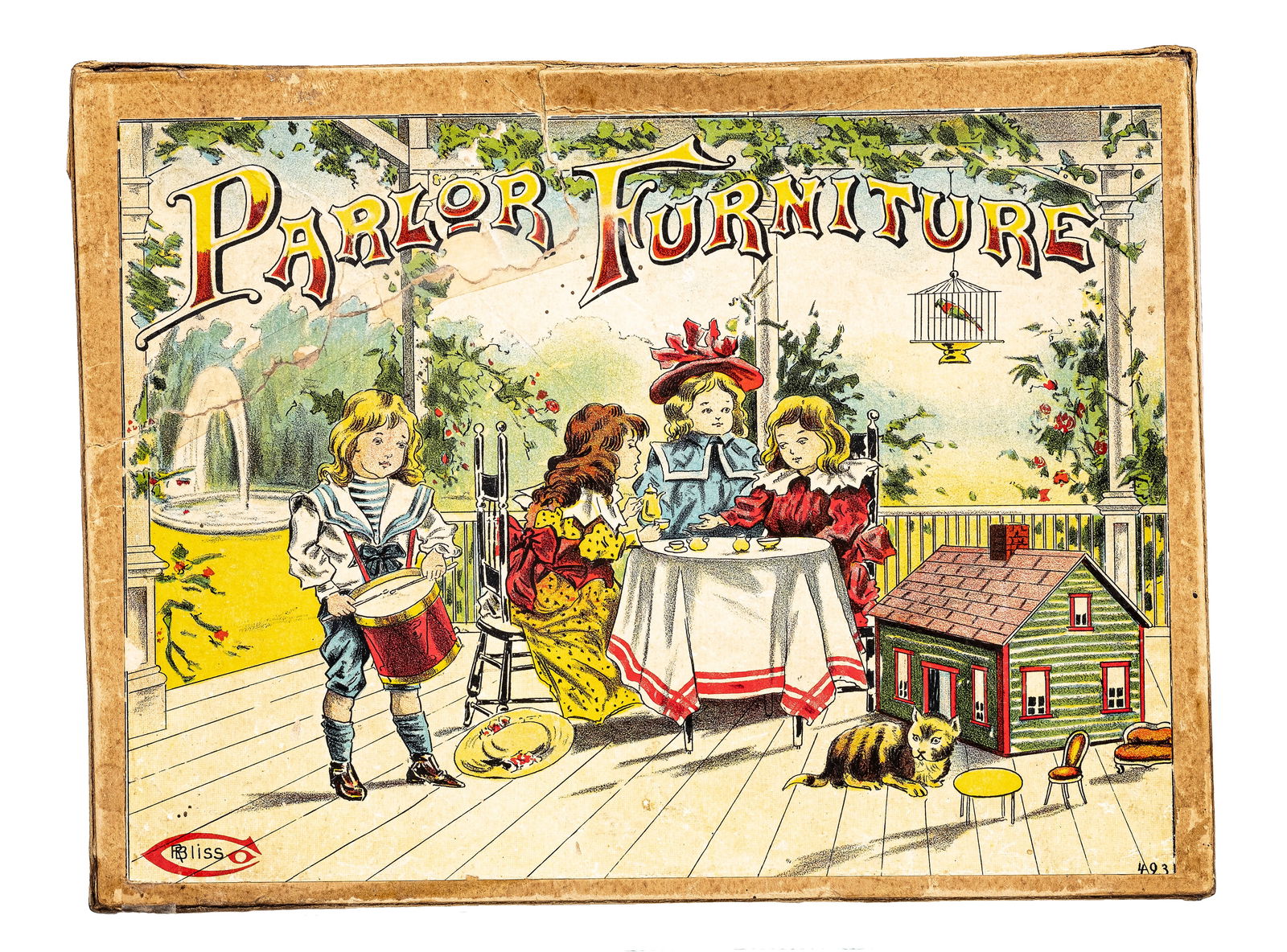 Paper Litho Parlor Furniture: Made by R. Bliss Mfg. Company. Pawtucket, RI - Ca. Early 1900's. These novel toys were created for use along with Bliss dollhouses. They are extremely fragile and only rarely turn up in such terrific