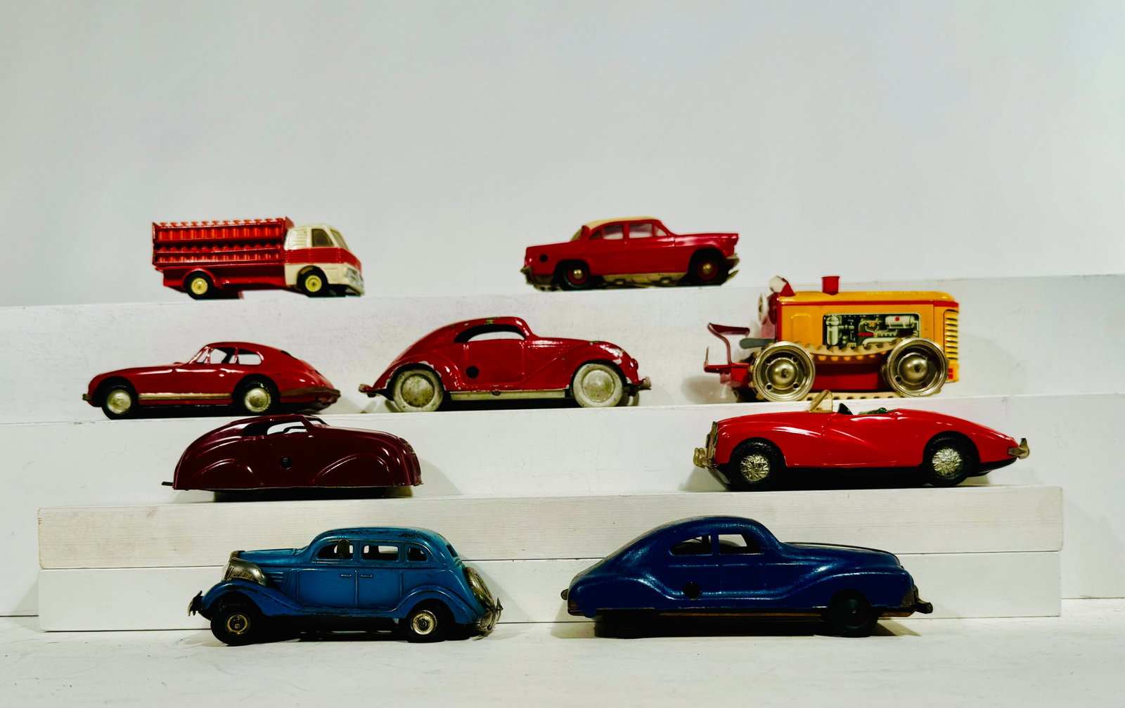 Nine Tin Plate / Diecast: Autos / Truck / Tractor. Various Makers - 1950/60's - 5" to 6" Long.