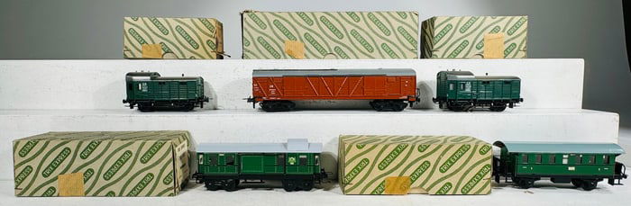 Trix Box Car and Four Passenger Coaches