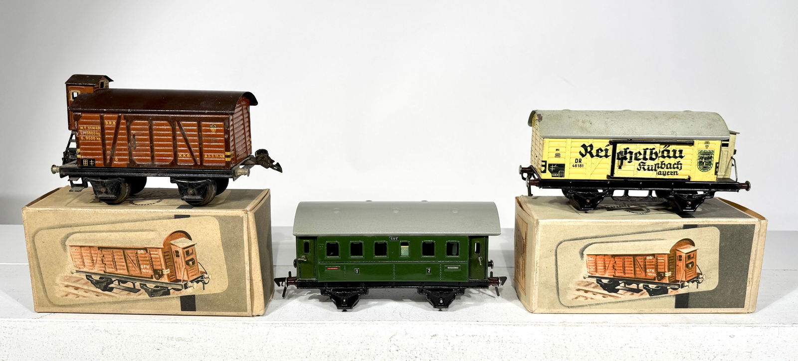 Two Fleischman Cars with Boxes: and Marklin Box Car "O" Gauge. German / U. S. Zone German - 1930's / 1950's.