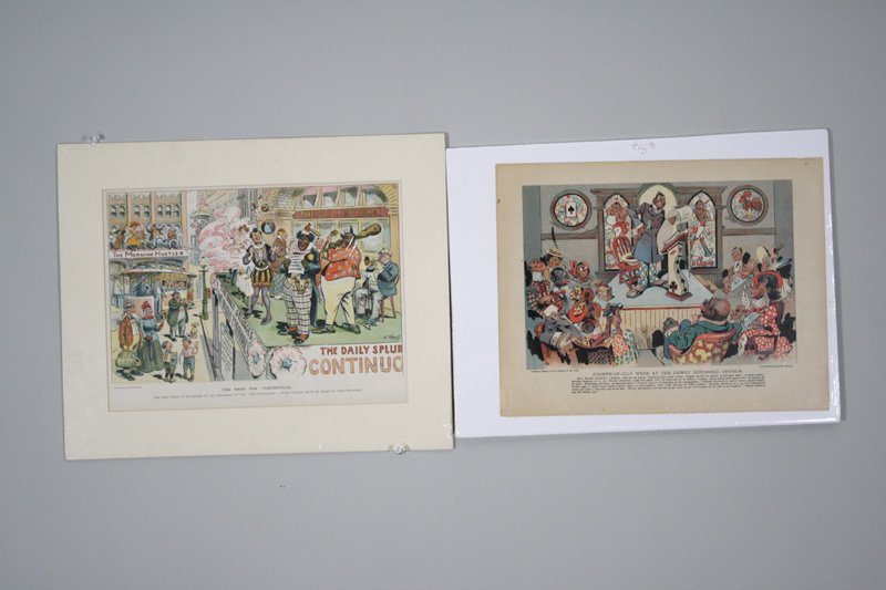 Lot: Two Graphic Lithographys Black Americana: American – Circa 1898 Called “Fourth of July at Dewey Reformed Church” and “The Rage for Vaudeville”. Dated 1899 and 1897 respectively. They are each about 13 ½” wide. Material: Paper •
