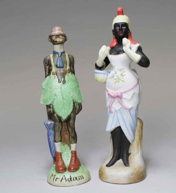 Lot: “Mr. Adam” and Woman in Chicken Costume: Germany – Circa 1915 These are highly graphic and colorful bisque figurines from the Art Nouveau era. They are 7 ½” and 8 ¼” respectively. Material: Bisque