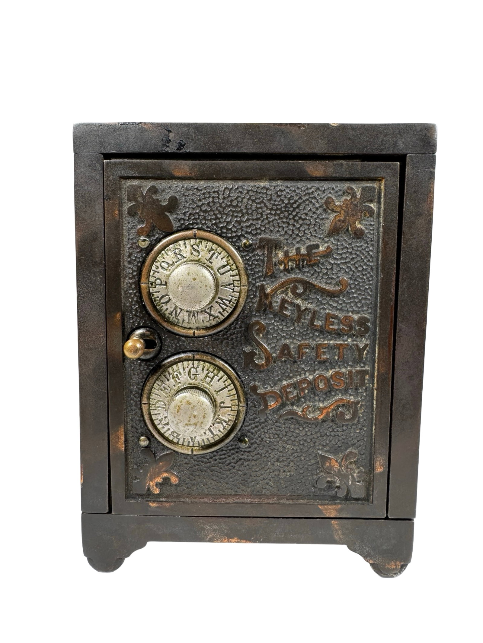 The Keyless Safe Deposit - Cast Iron Bank: The Keyless Lock Co. Indianapolis, IN - 1900 - 5 7/8" Tall.