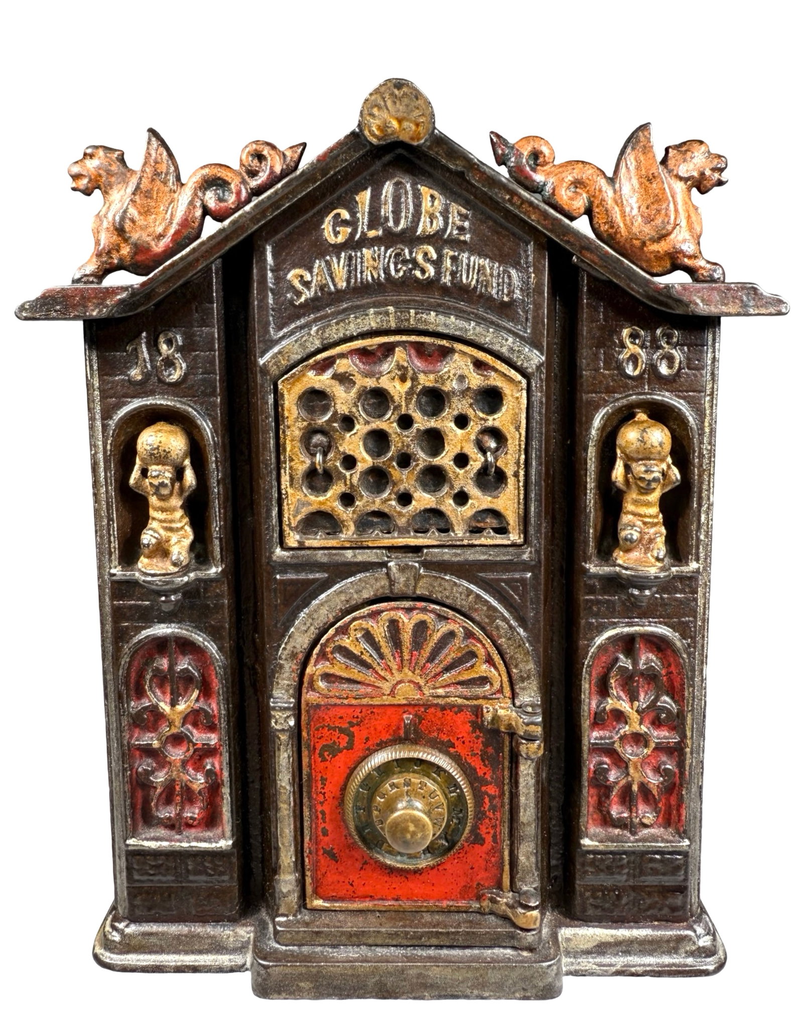 Globe Savings Fund - Cast Iron Mechanical Bank: Kyser & Rex Company. Philadelphia - 1888.