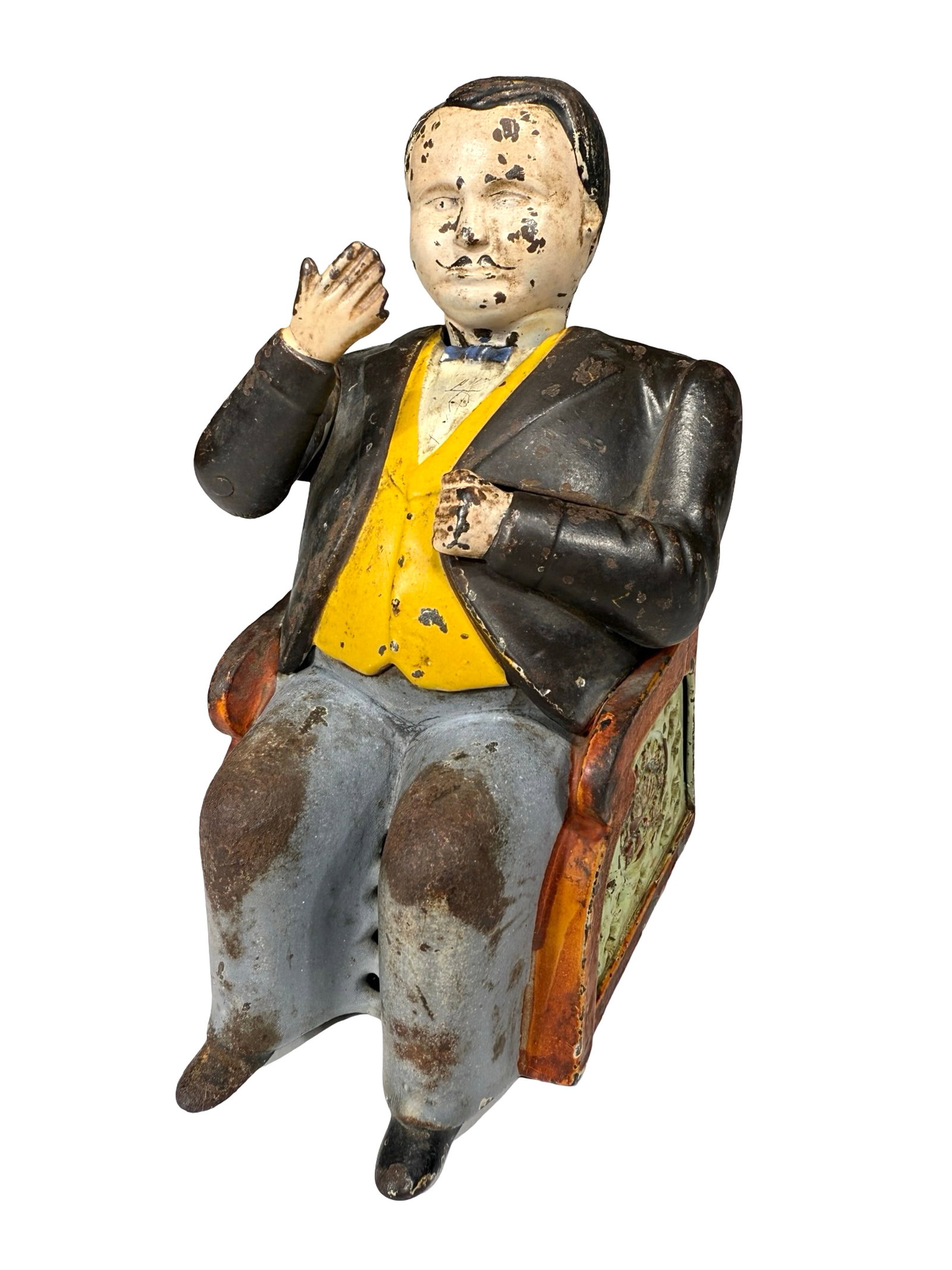 Tammany - Cast Iron Mechanical Bank: J. & E. Stevens Company. Cromwell, Connecticut - 1870's. Place your penny in his hand, the weight of the penny will cause his arm to lower. Depositing your coin "bribe" into his pocket, he will then n