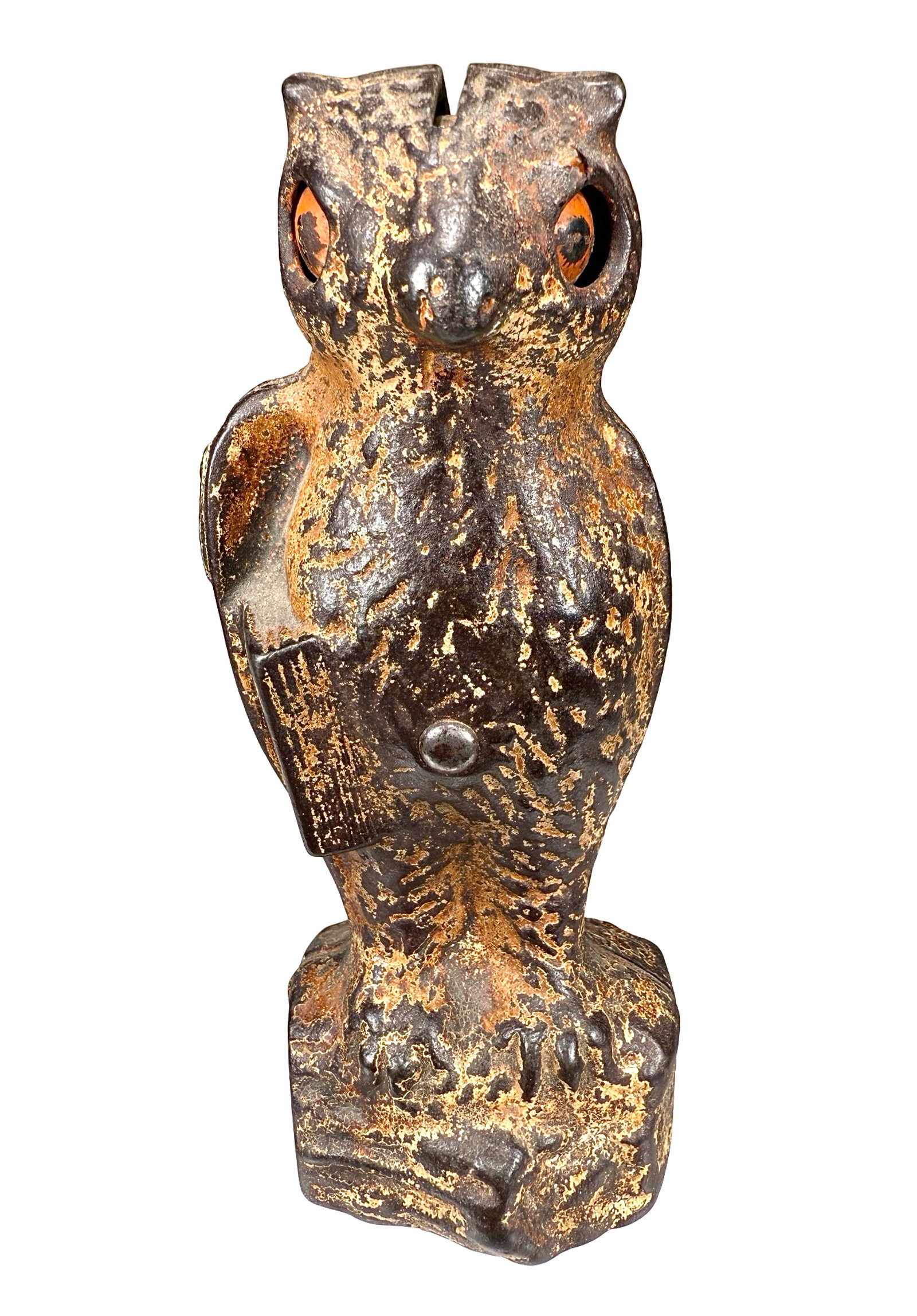 Owl Slot in Head - Cast Iron Mechanical Bank: Kilgore Mfg. Company. Westerville, OH - 1930's. Push a coin into his head and his eyes will roll back.