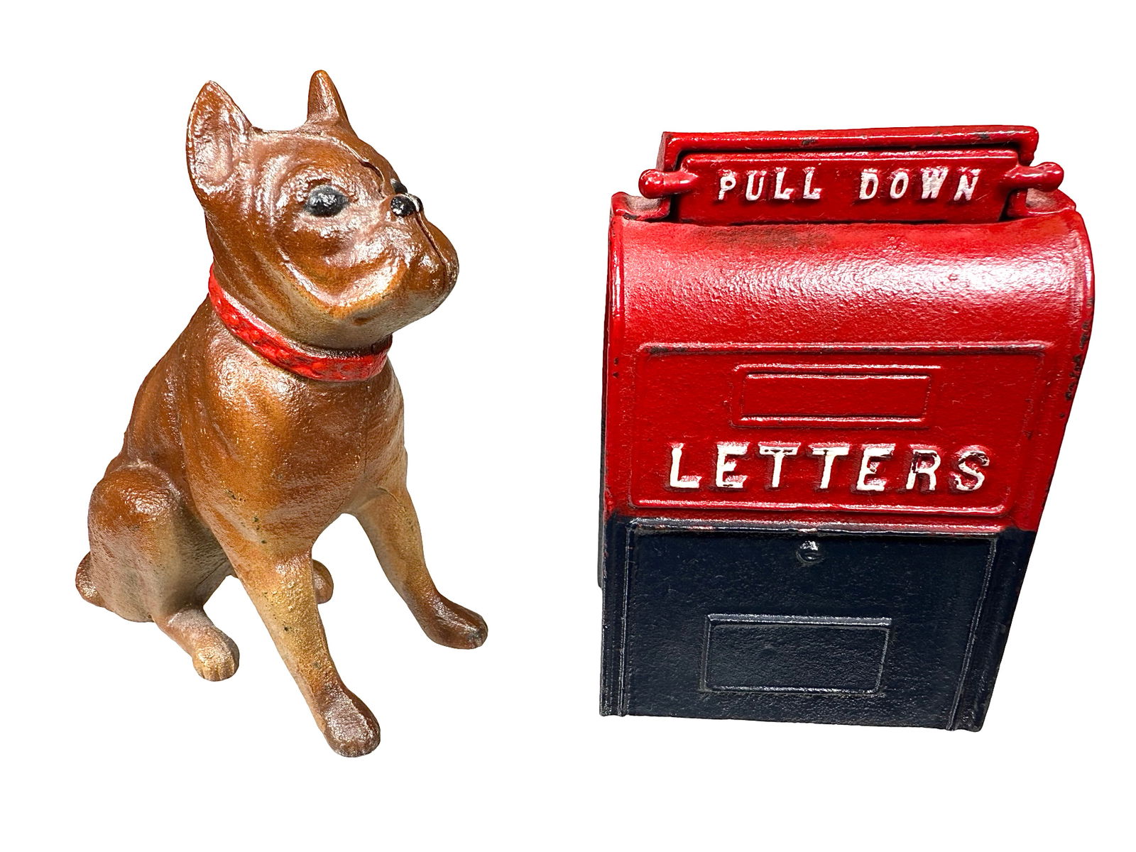 Two Modern Cast Iron Still Banks: Mailbox made by John Wright. Tallest 4 1/4".