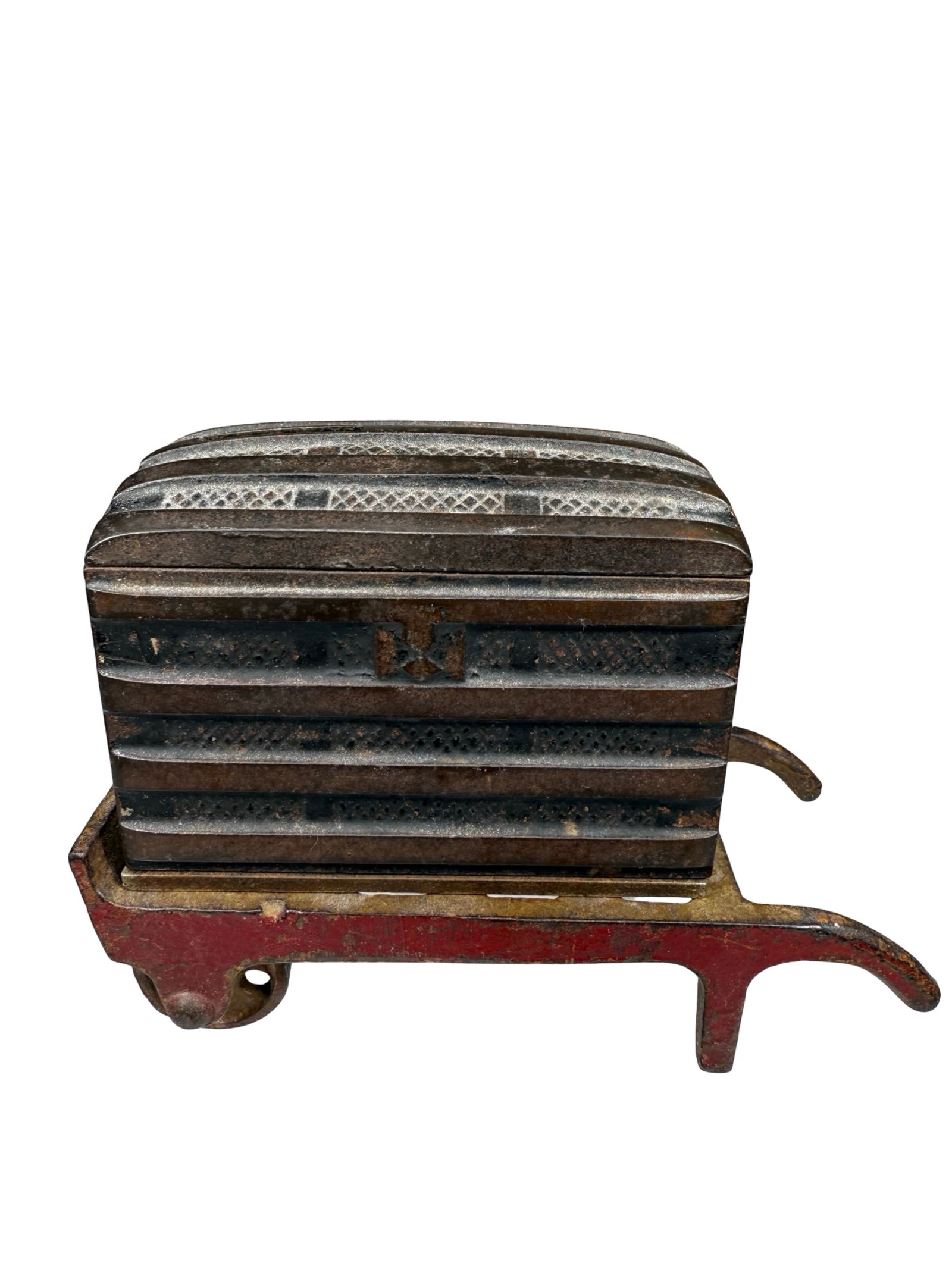 Steamer Trunk - Iron Bank: Comes with a Cast Iron hand cart. American - 1900's. 3 1/2" Wide.