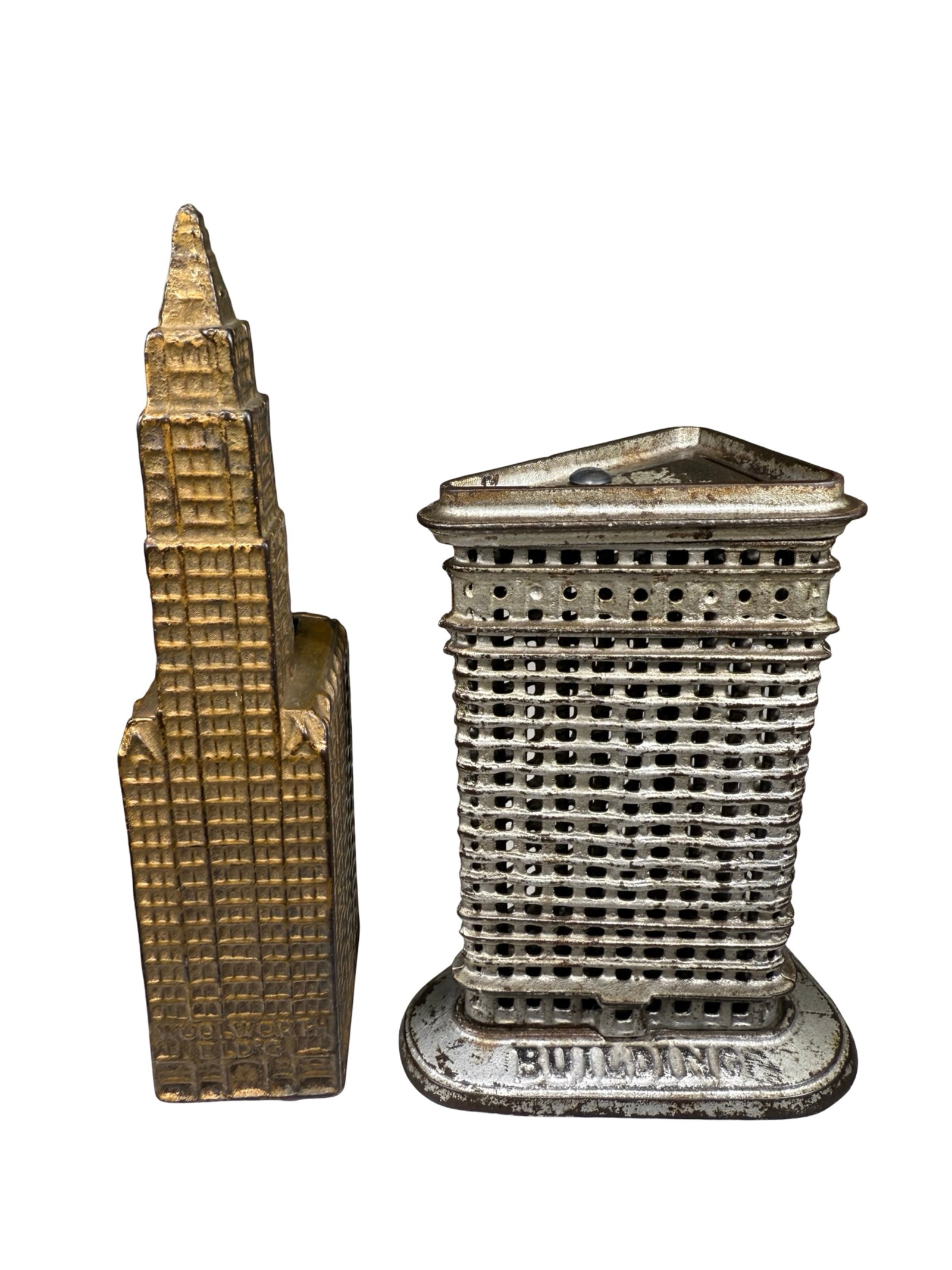 Woolworth & Flat Iron - Iron Banks: Woolworth Building - Kenton Hardware - 1910's - 8" Tall. Flat Iron Building - Kenton Hardware - 1910's - 5 7/8" Tall.