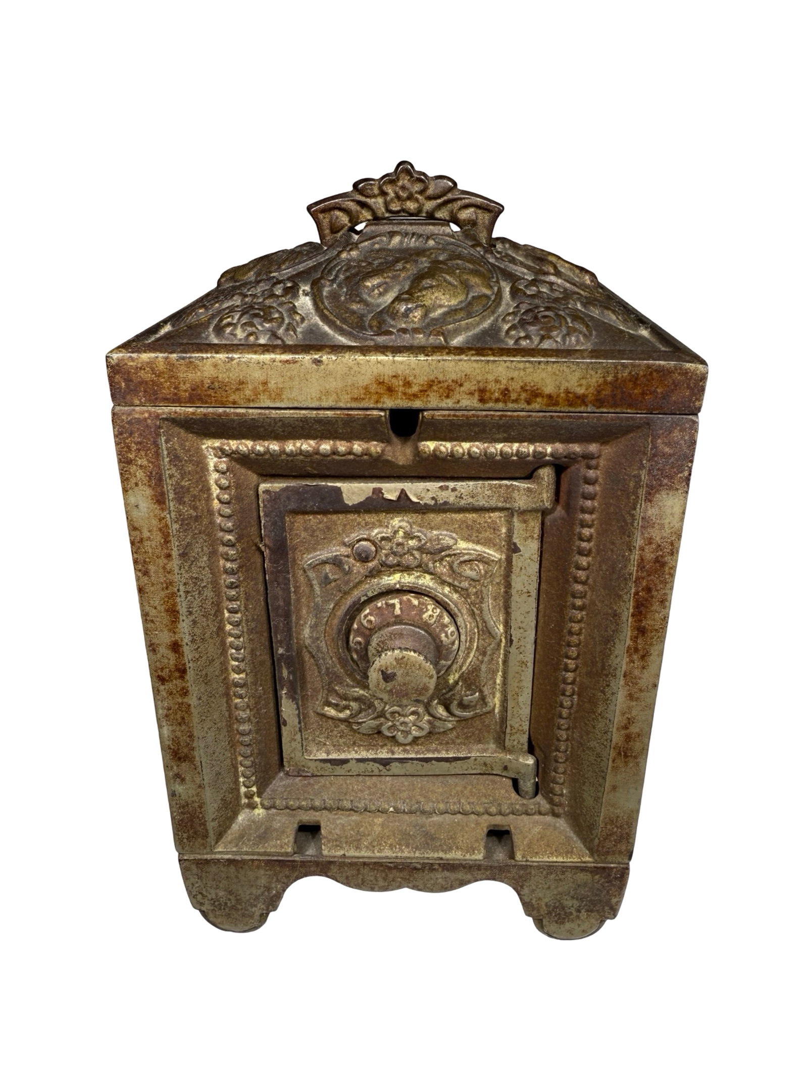Horse Head Safe Cast Iron Bank: Kenton Hardware Kenton, OH - 1915 - 5.875" T This is a rare safe bank. Perhaps the most difficult Horse Head safe to find.