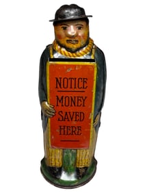 Man with Sandwich Boards - "Notice Money Saved Here" Bank