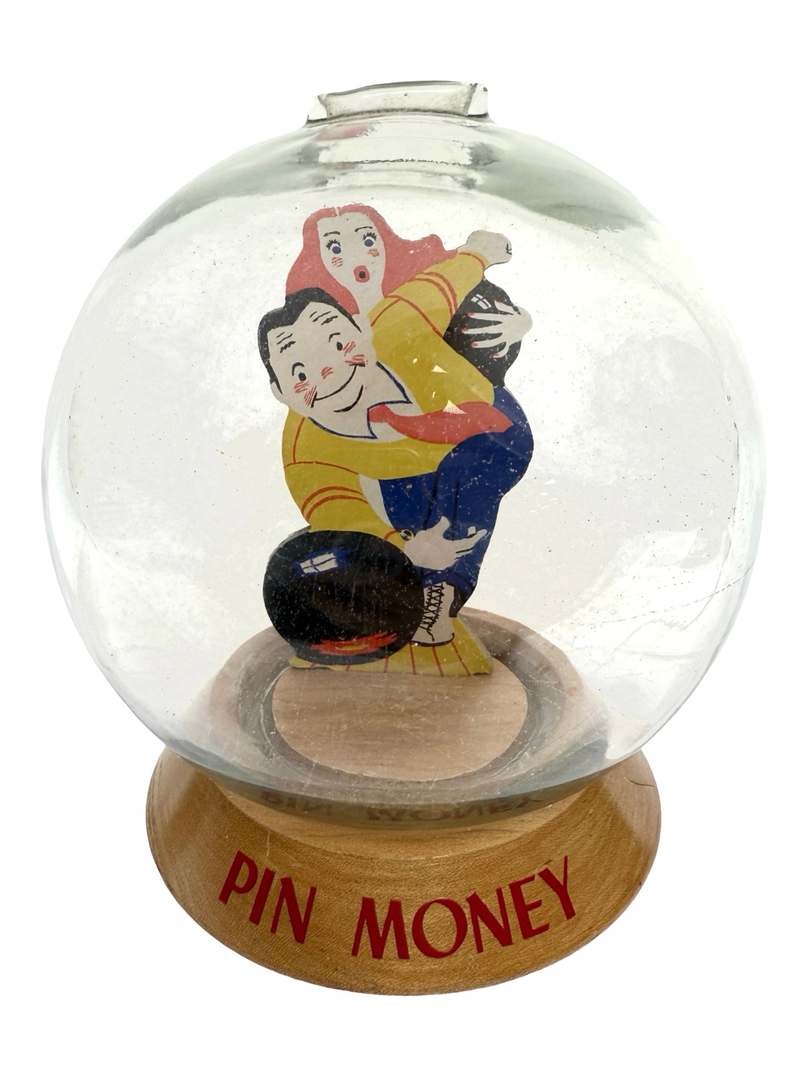 Pin Money Bubble Bank: Designed by Vic Moran. Bradford, Ct. - Circa 1940's. A very clever play on words, the bowler takes aim at the pins while his spouse watches from behind him.
