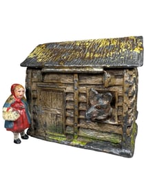 Spelter Little Red Riding Hood and the Wolf at Grandma's House - Still Bank