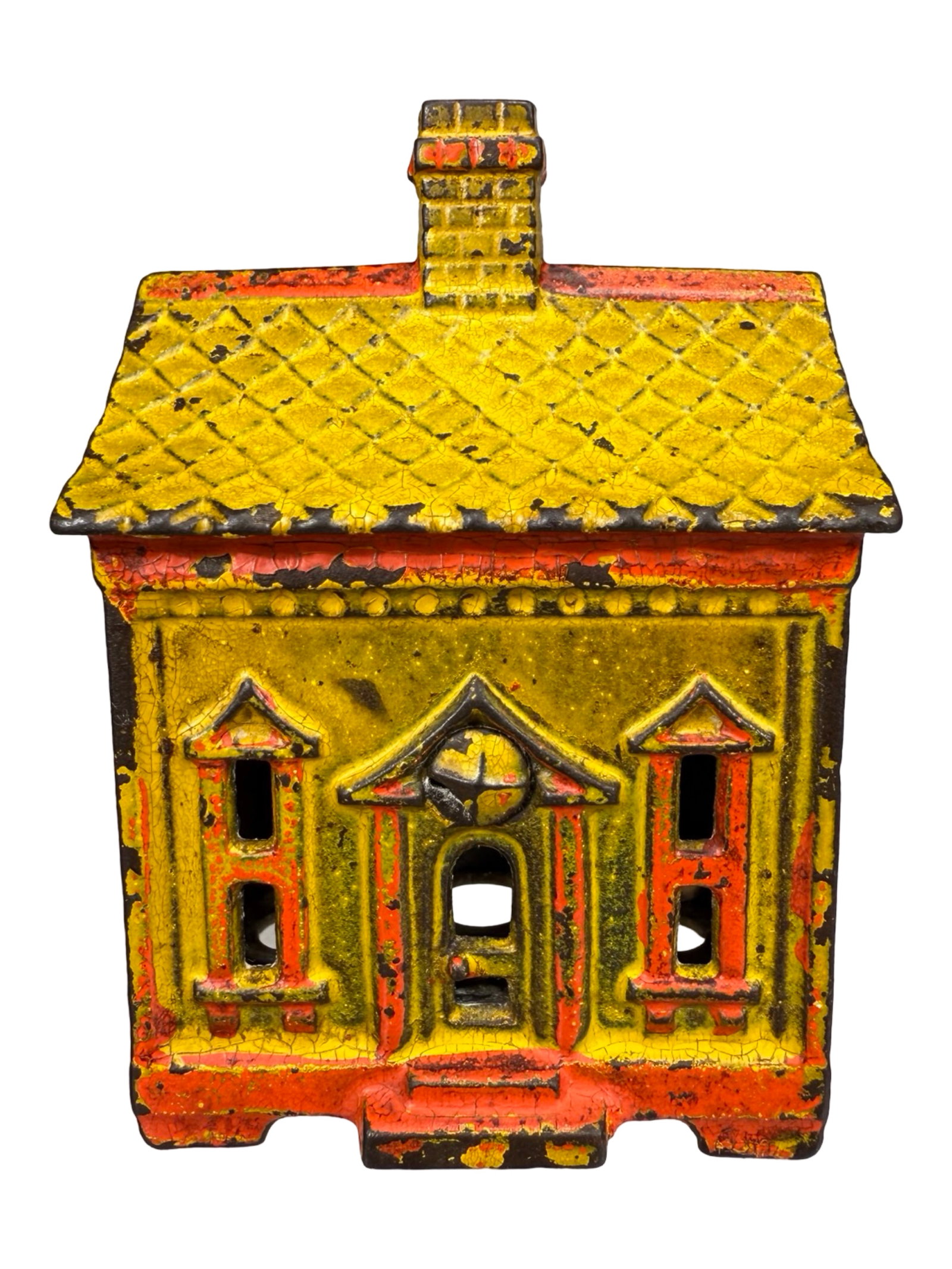 Red & Yellow One Story House - Cast Iron Bank: Made by J. & E. Stevens Company. Cromwell, Ct. - 1890's - 3 1/4" Tall.