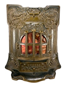 Large Art Nouveau Fireplace Bank - Brass with Red Tinted Tin Flames