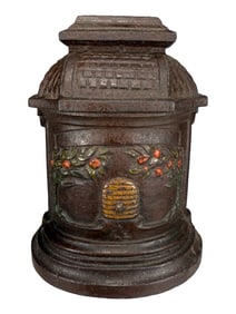 Cylindrical Shaped Savings Bank with Beehive and Floral imagery