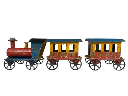 Hercules Locomotive & Passenger Cars - Tin Train Set: Attributed to the George Brown Company. Forestville, Ct. - Circa 1875 - 12" Long. Finished in the eye-catching primary colors of red, yellow and blue, this small early trackless floor train is a real