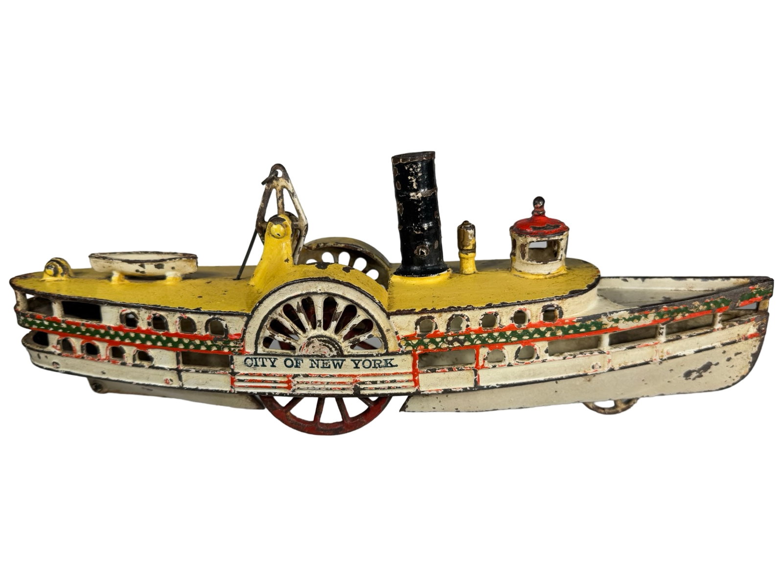 City of New York Paddlewheel Steamboat - Cast Iron Toy: Made By Wilkins Hardware Company. Keene, NH - Circa 1895 - 15" Long.