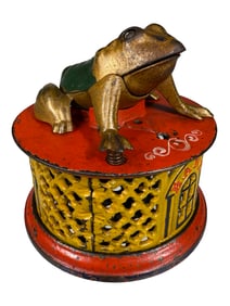 Frog on Lattice Base - Red & Yellow Base Color - Cast Iron Mechanical Bank