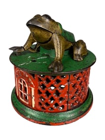 Frog on Lattice Base - Red & Green Base Colors - Cast Iron Mechanical Bank