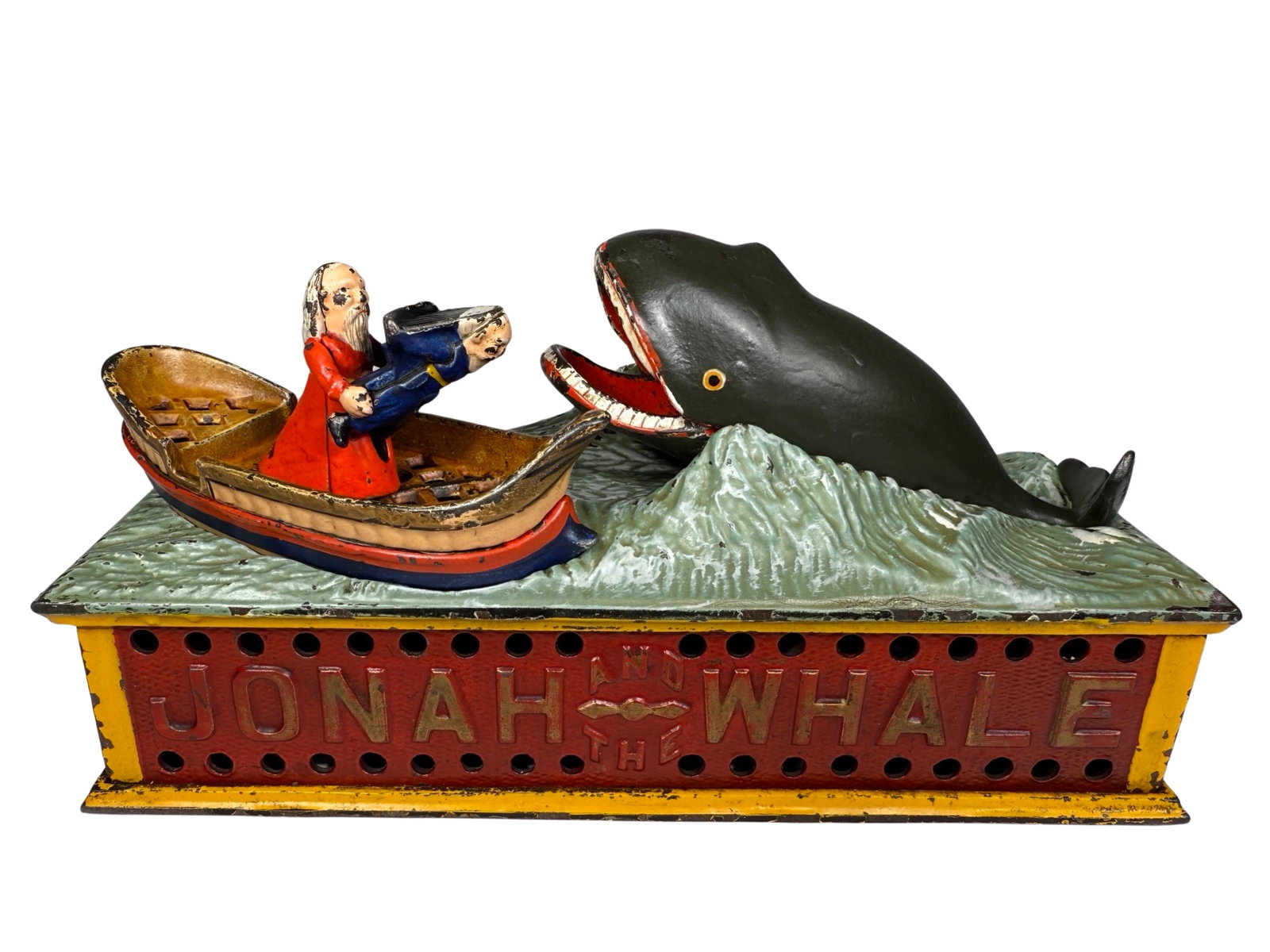 Jonah and the Whale - Cast Iron Mechanical Bank: By the Shepard Hardware Company. Buffalo, New York - Ca. Early 1890's. Jonah and the Whale was one of Shepard's most popular creations from their Excelsior Line of toy banks. It recounts the biblical 