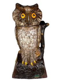 Owl Turns Head - Rare Mauve and White Feathers - Cast Iron Mechanical Bank