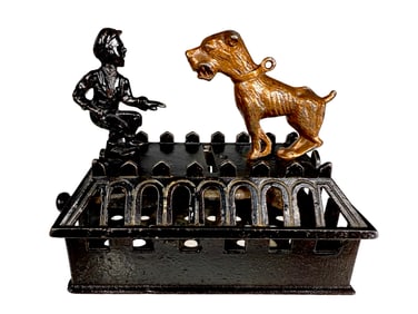 Boy and Bull Dog - Rare Ebony Finish - Cast Iron Mechanical Bank