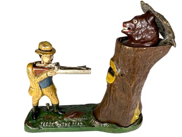 Teddy & the Bear - Brown Tree Version - Cast Iron Mechanical Bank