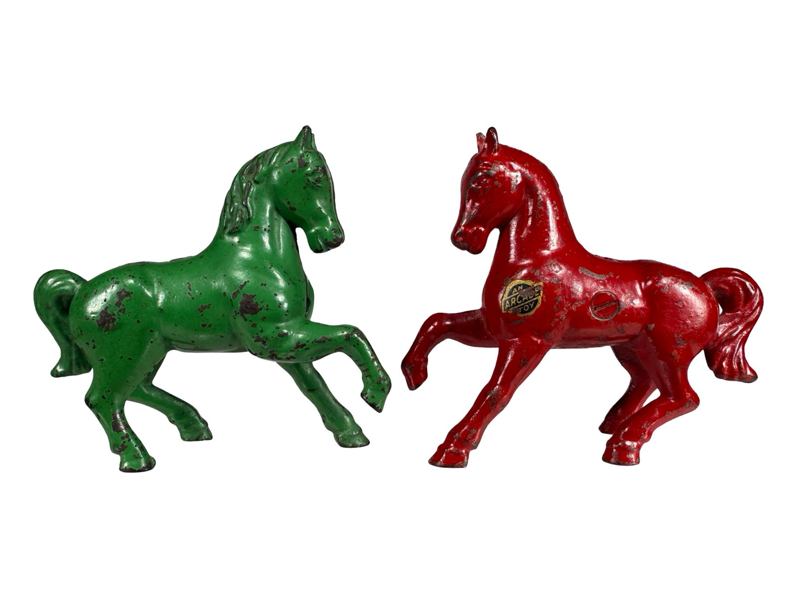 Two Prancing Horse - Cast Iron Banks: Red & Green. Arcade Mfg. Company. Freeport, Illinois - 1920's. 4 1/4" Tall.