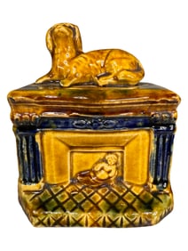 Dog atop Fireplace Mantle Bank