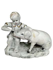 Young Boy Feeding a Pig Bisque Bank