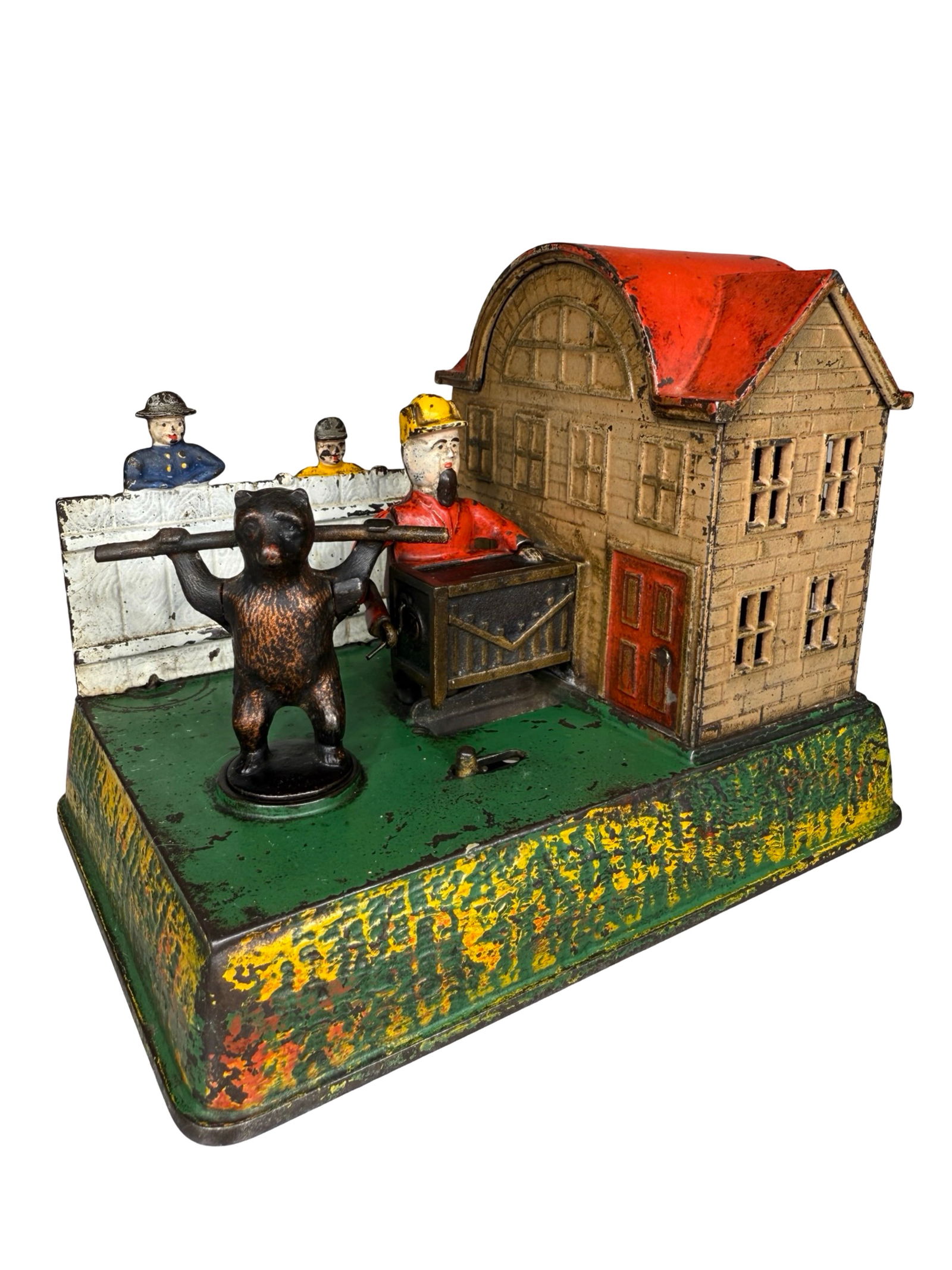 Organ Grinder & Performing Bear - Cast Iron Mechanical Bank: Kyser & Rex. Philadelphia - 1882. One of only two mechanical banks with wind up mechanisms. This bank is pretty, desirable and charming and works very well.