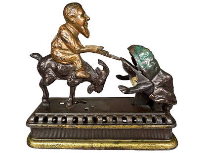 Goat, Frog & Old Man - Cast Iron Mechanical Bank: AKA Initiating Bank 2nd Degree. Mechanical Novelty Works. Connecticut - 1890's.