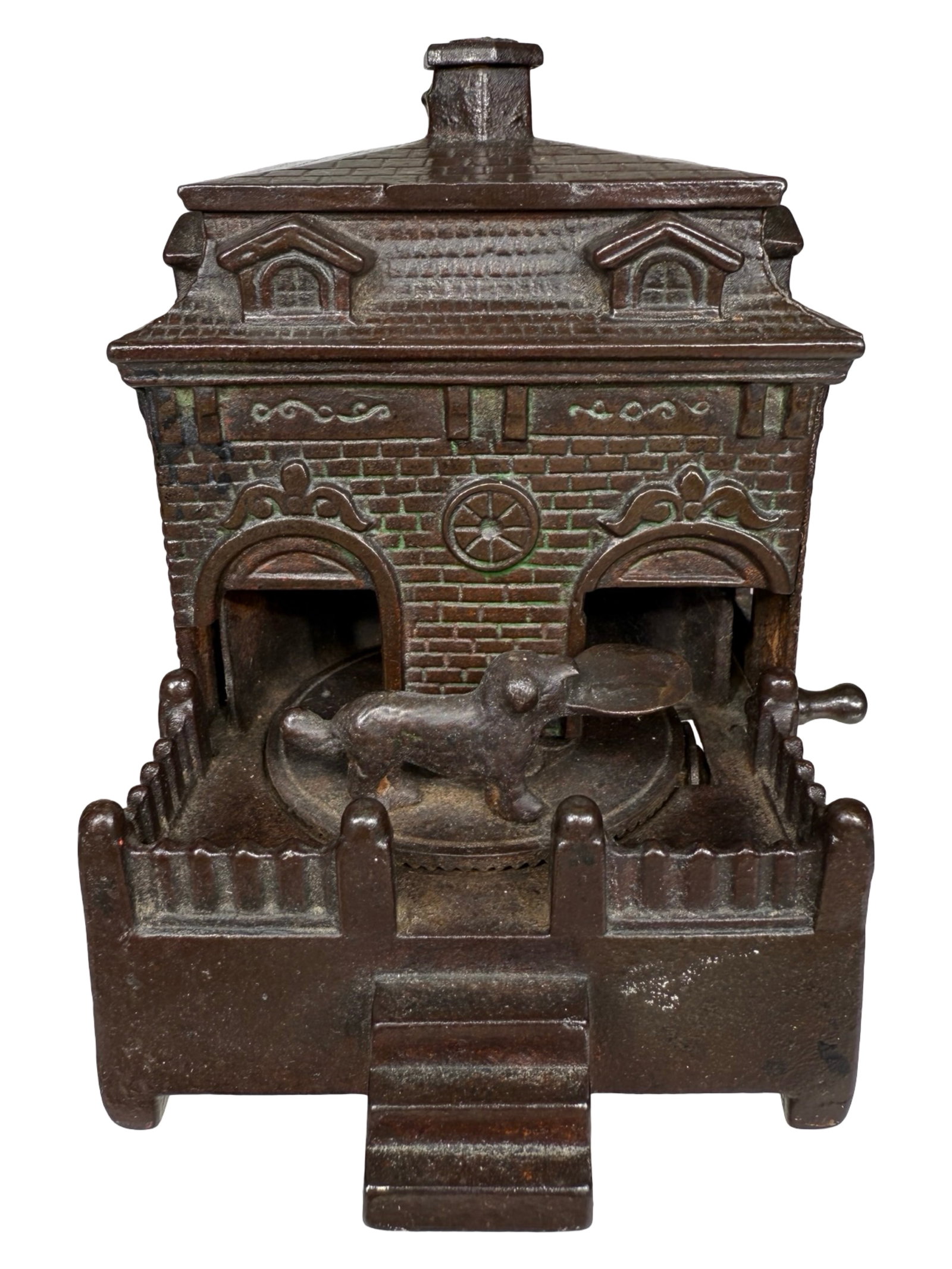 Dog on Turntable - Japanned - Cast Iron Mechanical Bank: Made by the H. L. Judd Company. Wallingford, Ct. - Circa Mid 1880's.