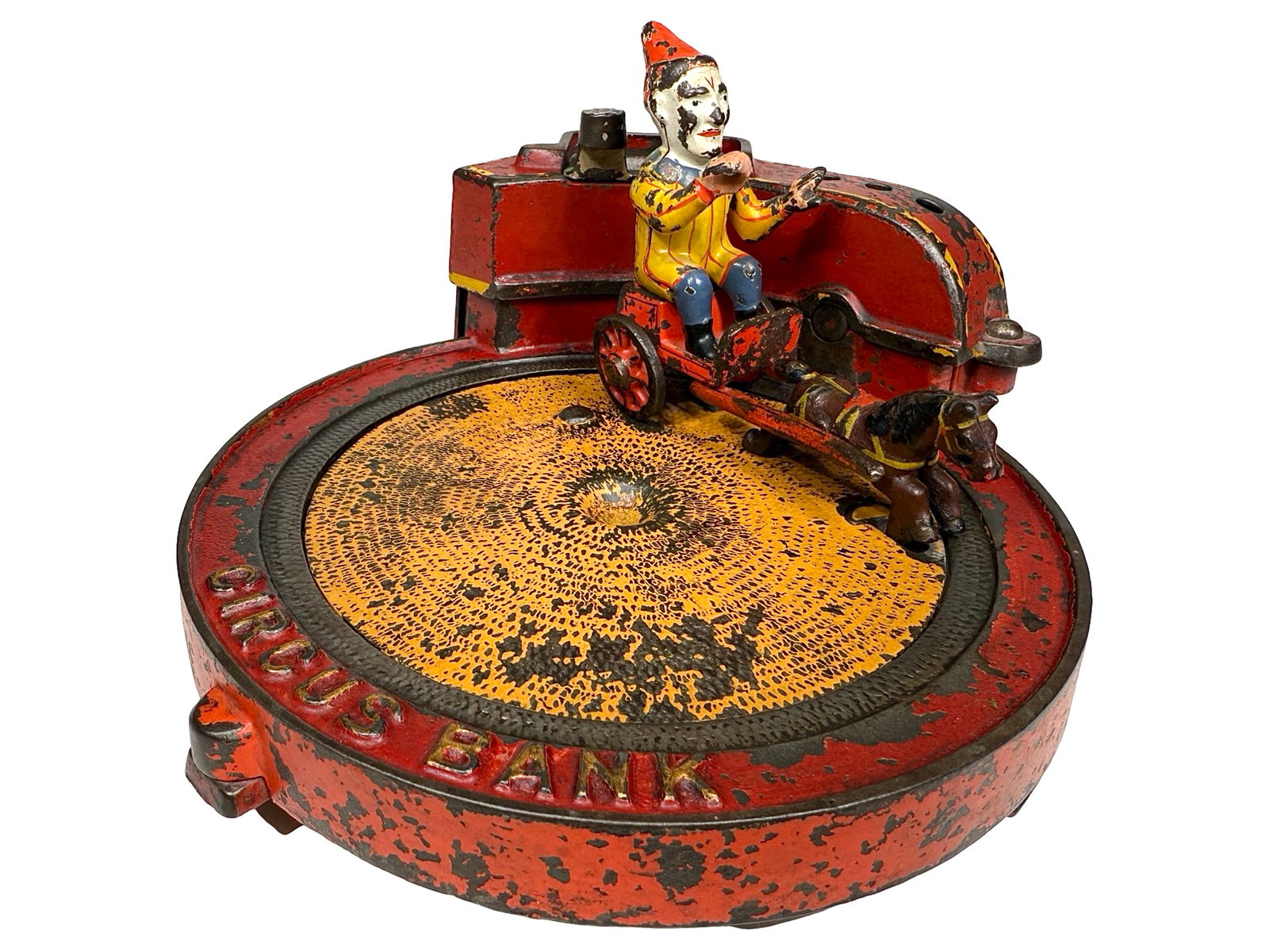 Circus Bank - Very Scarce: By Shepard Hardware. Buffalo, NY - Late 1880's. The Circus Bank is definitely one of Shepard's most exciting creations. It depicts a clown circling the sawdust of the center ring in his horse cart. As