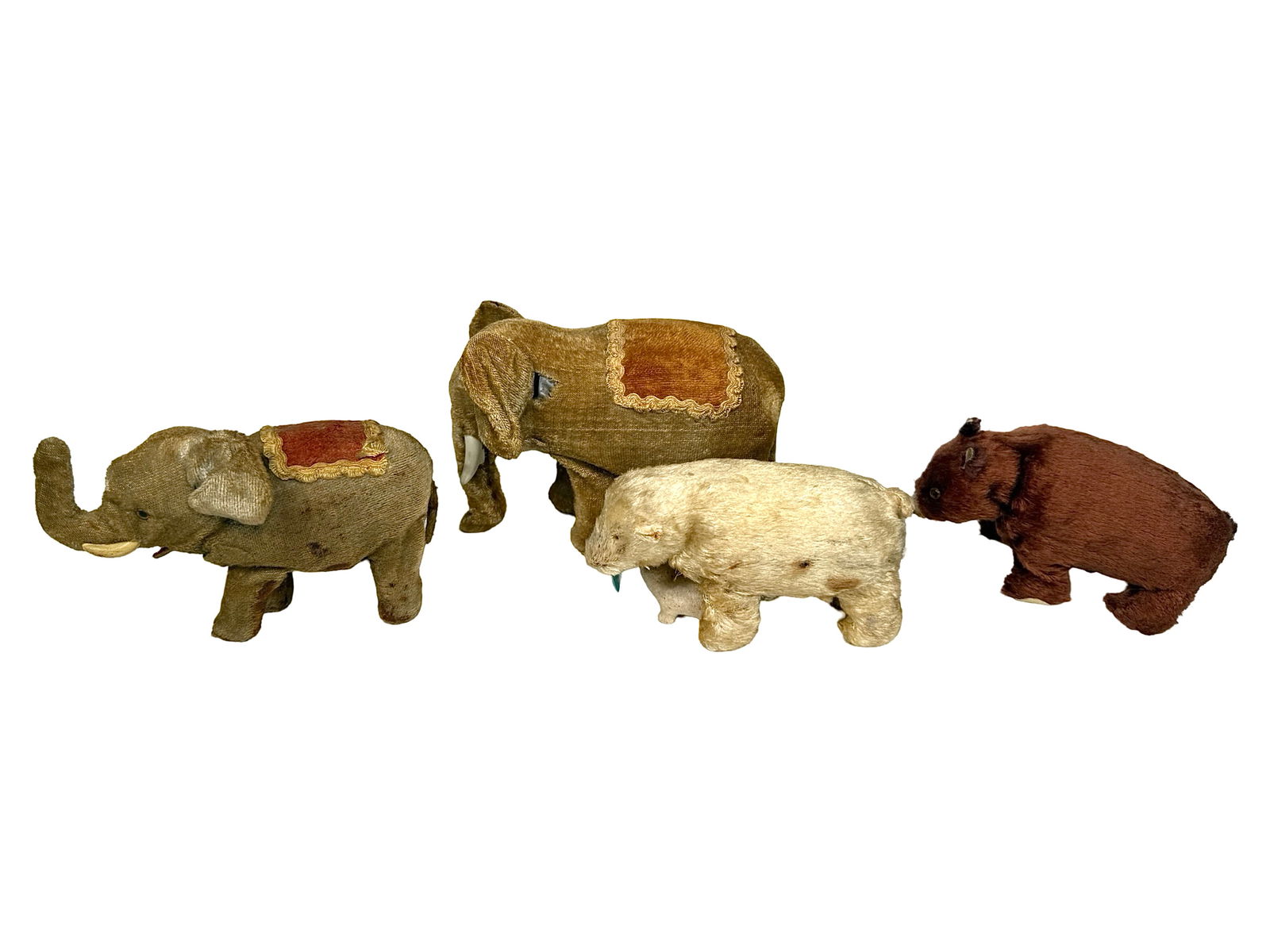 Four Wind Up Furry Toys: Two Elephants and Two Bears. Japanese/Occupied Japanese - 1940's/50's. 5" to 7 " Long.