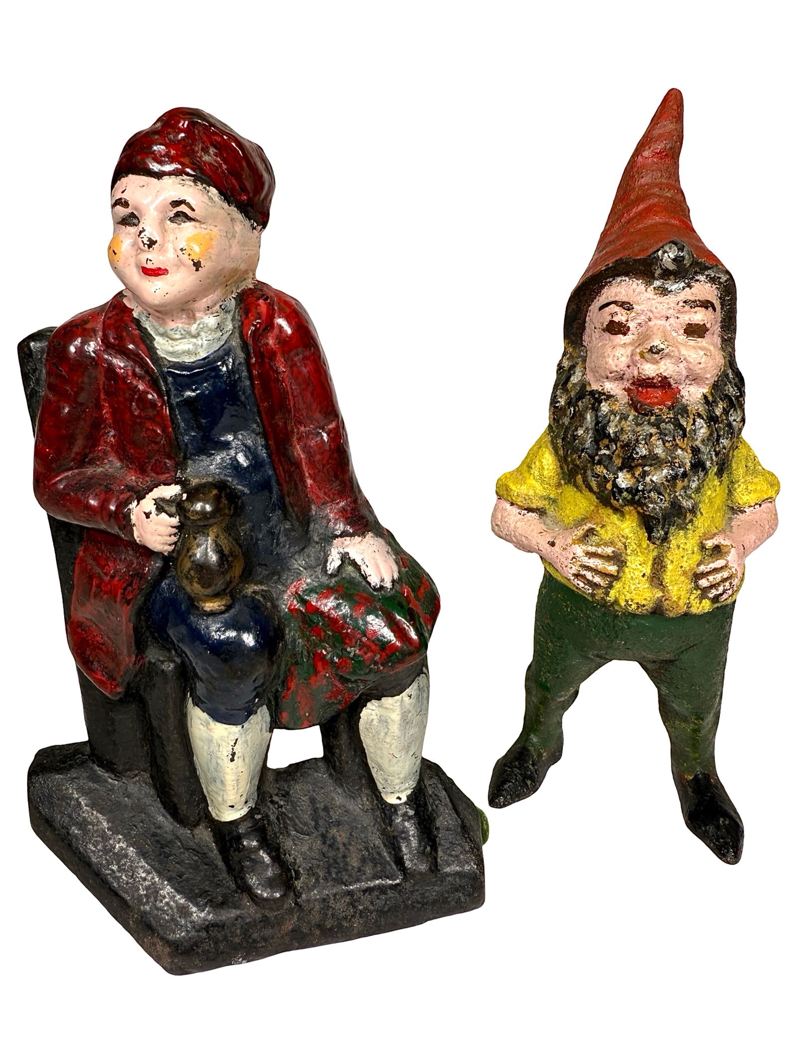 Two Cast Iron Doorstops: Gnome & Man Drinking. American - 1920/30's. 9 1/2" to 10" Tall. Shipping for this lot $45.00 west of Mississippi.
