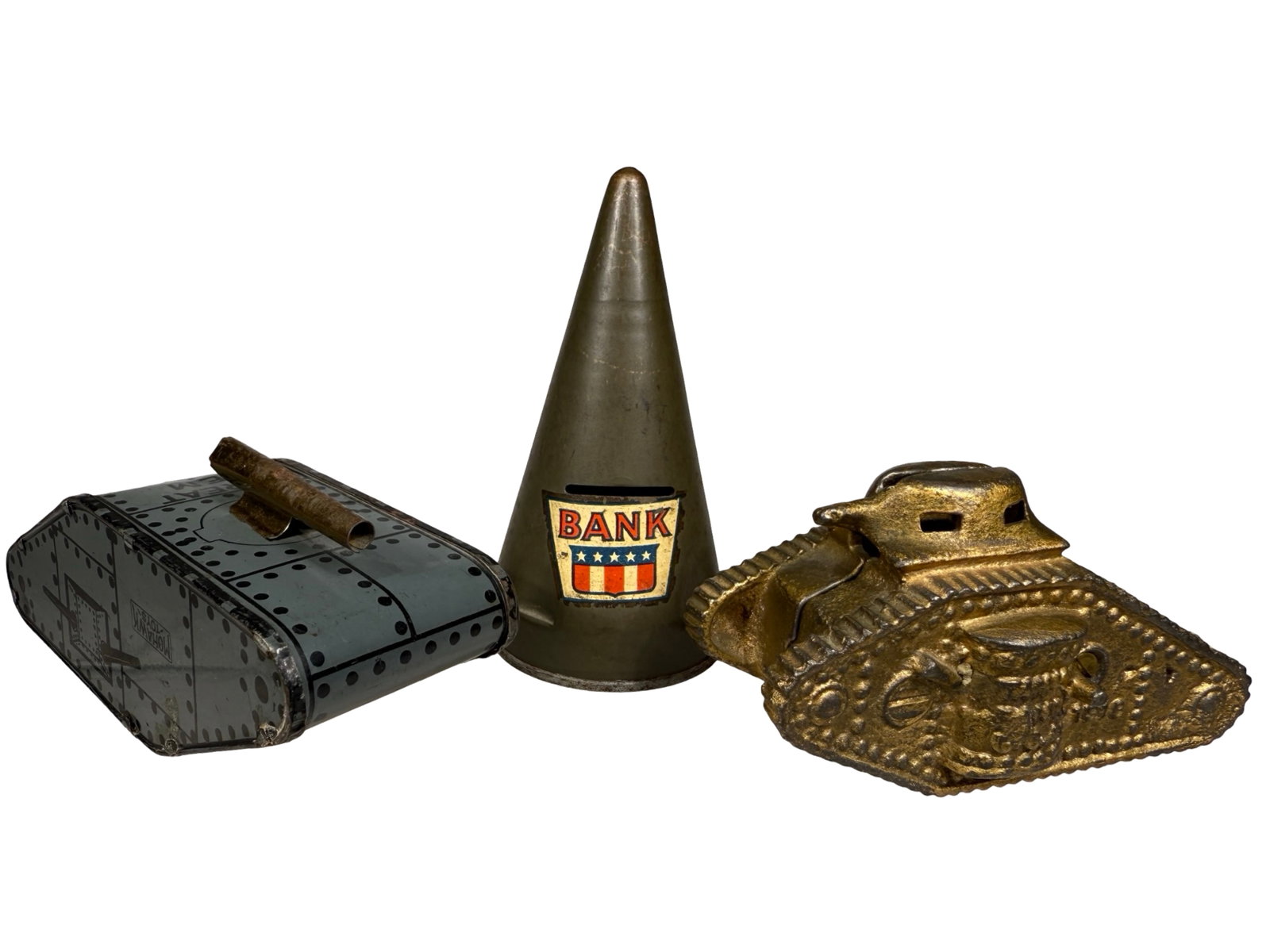 WWI Themed Banks: Two Tin, One Iron. American - 1920's. 2 1/2" to 5 1/2" Long.