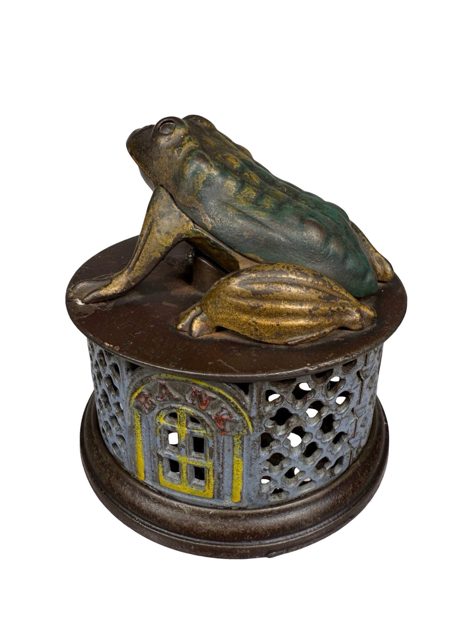 Frog on Lattice - Cast Iron Mechanical Bank: By J. & E. Stevens Company. Cromwell, Ct. - Late 1870's.