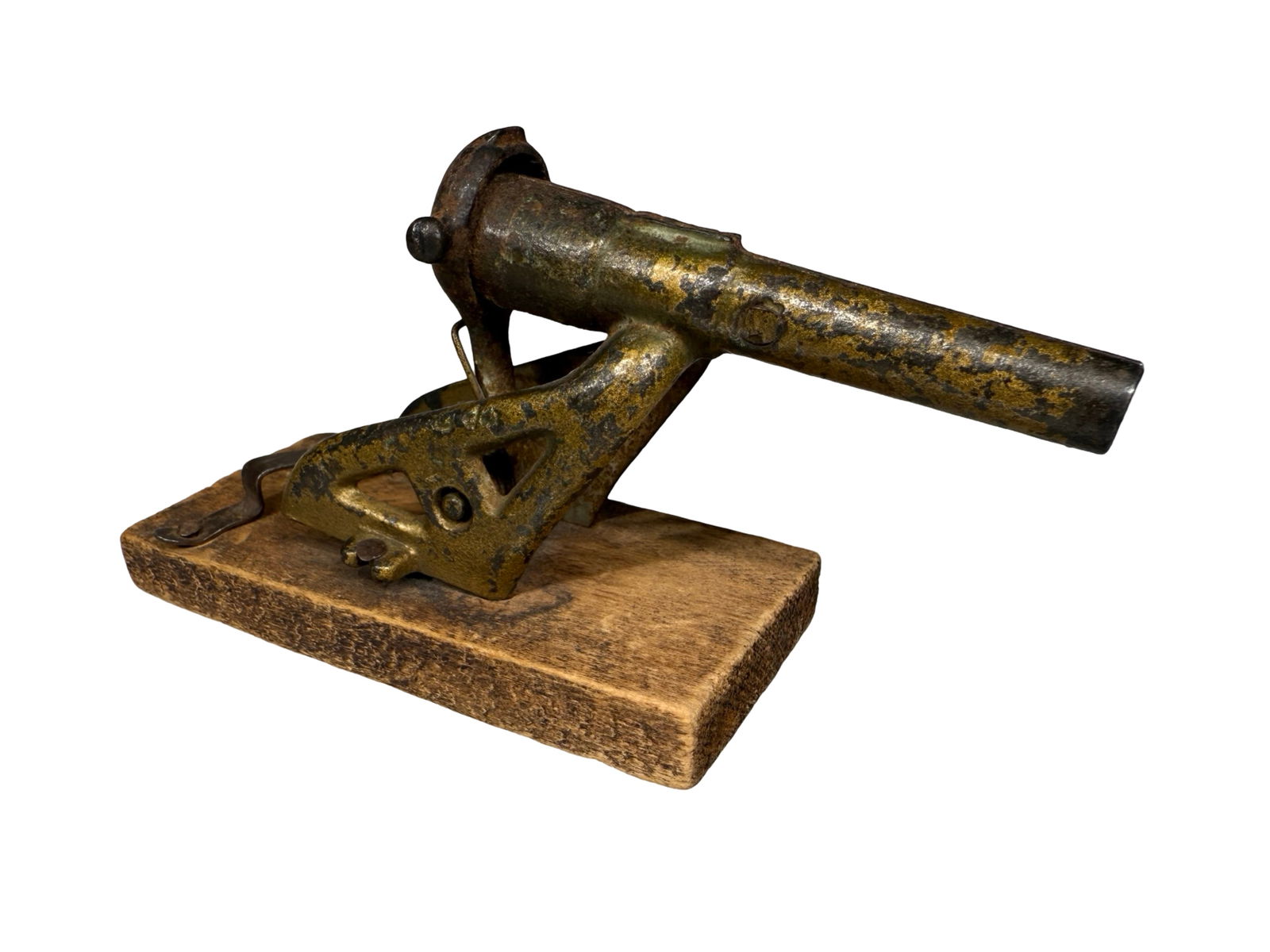 Cap Bomb Cannon: American - 1920. 5 1/2" Long. Cast Iron with Wood Base.