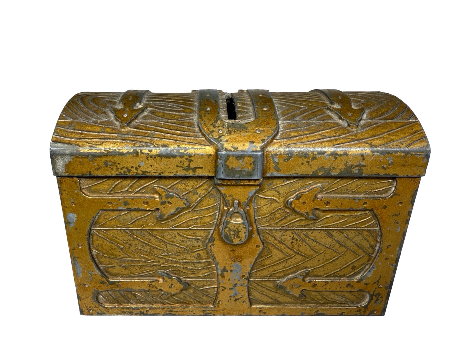Musical Chest Mechanical Bank: Made by O. R. BRasier. Tacoma, WA - 1930's. Scarce in Gold Paint.