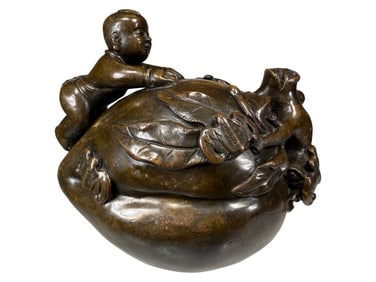 Asian Baby and Giant Plum Bank - Made of Bronze Tinted Brass