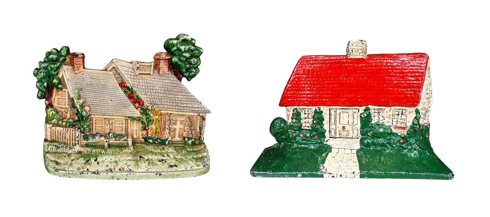 Two Cottage Form Door Stops: Mixed Makers - USA - 1930's. 8" to 8 3/4" Wide.