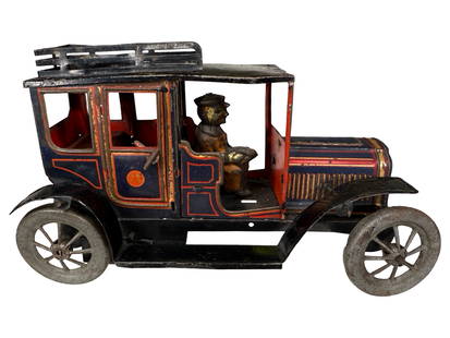 Limousine with Luggage Rack - Windup Toy: Navy Blue, Red, White & Gold. Made by Hans Eberl. Germany - Circa 1910 - 8" Long.