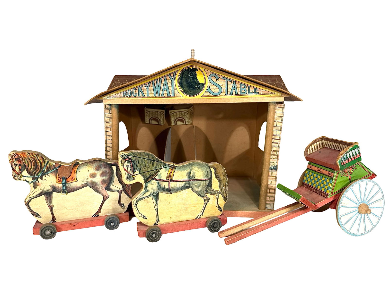 "Rockyway" Stable with Fancy Gig & Two Horses - Paper Litho Toy (1 of 15)