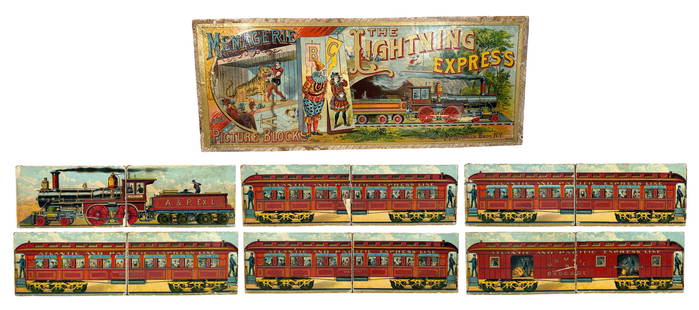The Lightning Express Menagerie & Picture Blocks: Made by McLoughlin Bros. New York City - 1889 - 78" Long. One side of the assembled blocks forms the Atlantic & Pacific Express Line Train. The other side forms Circus Menagerie Wagons. The Carl & Lin