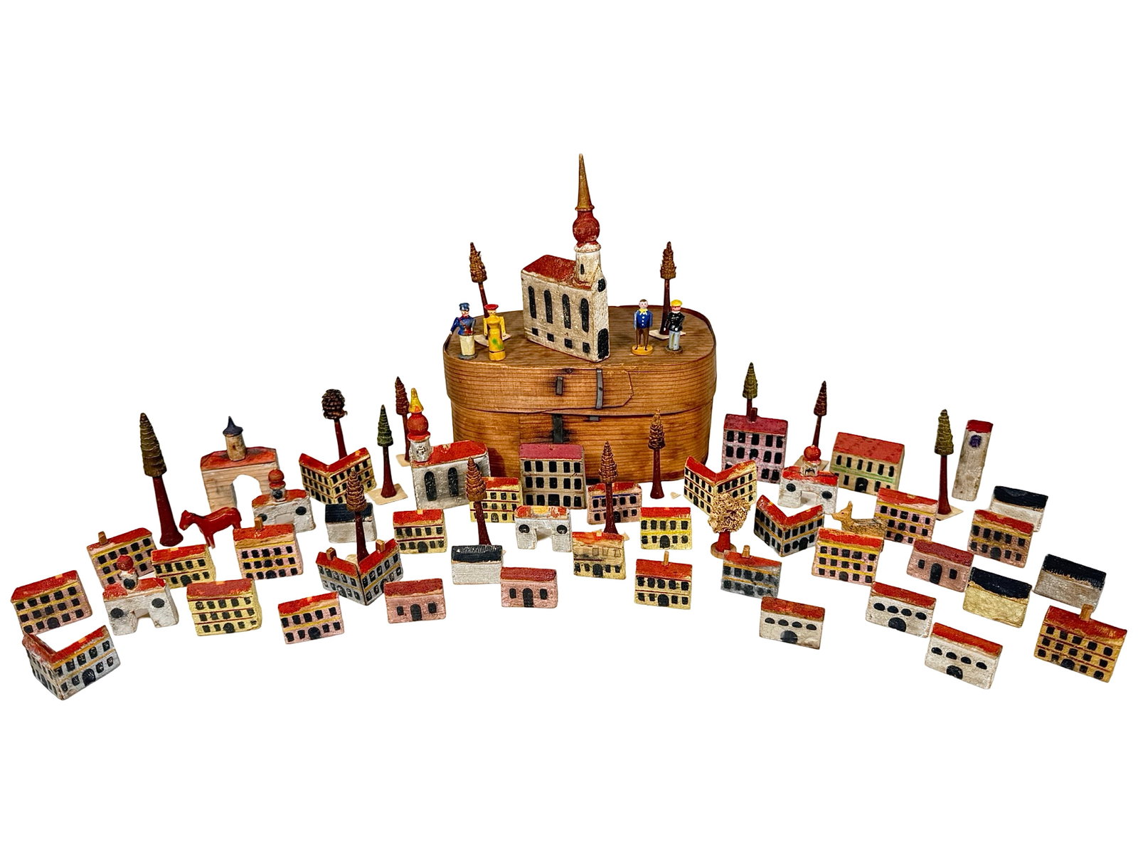Erzgebirge Farm Set with Trees in the Original Box: German - 1890's - Varying Sizes.