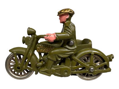 Harley Davidson Civilian Motorcycle with Sidecar - Cast Iron Toy: Made by Hubley Mfg. Company. Lancaster, Pa. - 1930 - 6 1/8" L.