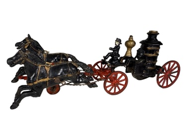 Mechanical Two Horse Fire Pumper - Fascinating Rare Chassis Variation - Cast Iron Toy